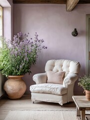 Interior of a room featuring a white armchair and flowers