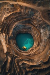 Aerial view of an open-pit mine showing a deep turquoise water-filled quarry surrounded by rugged terrain, showcasing industrial land use and mining activities.