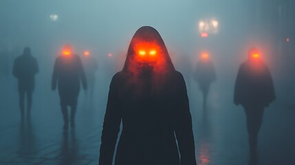 Scary Ghostly Figures Standing Thick Fog Paranormal Horror Vibes Photo