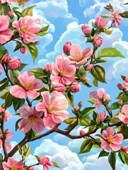 Blooming tree branches with pink flowers against blue sky. Sprin