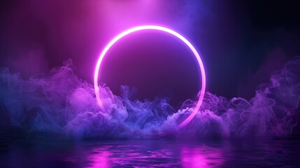 A bright neon circle glowing in shades of pink and blue, surrounded by swirling multicolored smoke on a dark background.