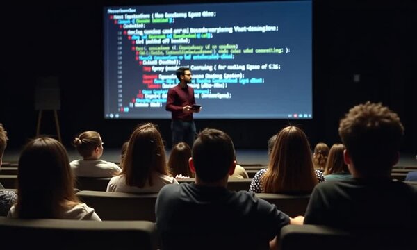 Young University Professor Explaining Web Development Project in Dark Auditorium