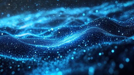A digital landscape featuring glowing blue particles and lines, creating an ethereal, futuristic atmosphere reminiscent of a sci-fi environment.
