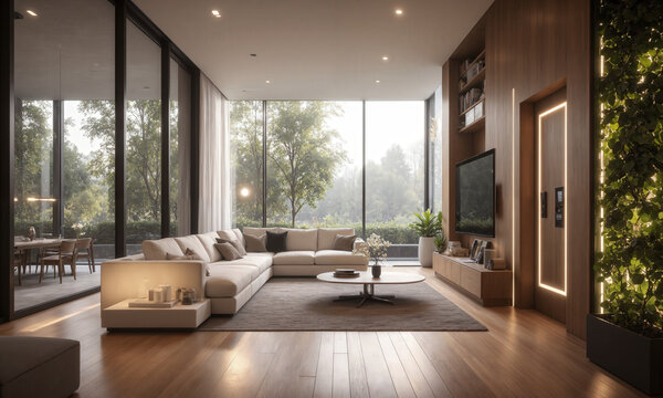 Smart LED lighting embedded in walls and furniture adapts to user needs, while immersive surround-sound systems built directly into