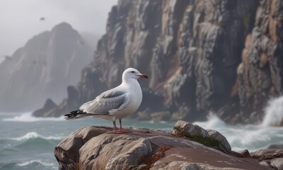 A lone seagull perched on a rocky outcropping, wind-swept feathers ruffled by gusts of air,  landscape,  beach