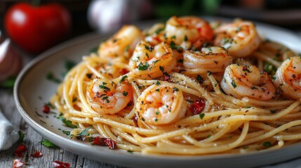 Delicious Shrimp Pasta: A tantalizing dish of perfectly cooked shrimp tossed with spaghetti, herbs, and spices for a flavorful experience.