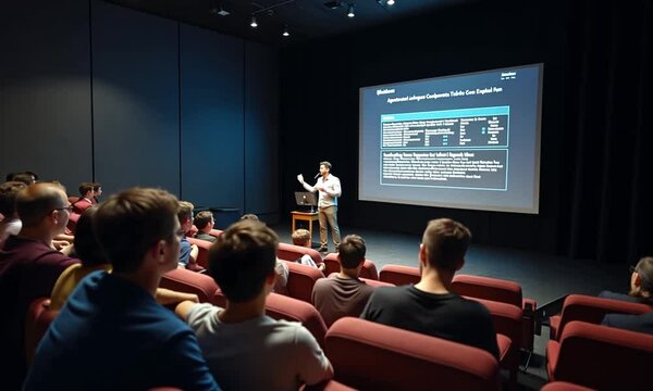 Young University Professor Explaining Web Development Project in Dark Auditorium
