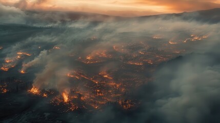 Fototapeta premium Aerial view of forest fire smoke and burning landscape during sunset, environmental disaster, wildfire effects, natural calamity, ecological impact.
