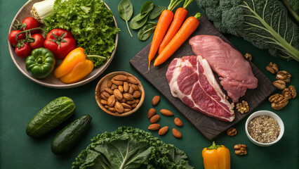 Paleodiet (Stone Age Diet) - meat, fish, eggs, vegetables, fruits, nuts, seeds, herbs, mushrooms, natural oils (olive, coconut, avocado), honey. Great for advertising fitness, restaurants and healthy 