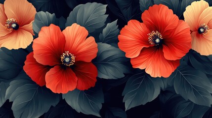 Obraz premium Decorative hibiscus flowers in dark foliage. Possible use Background