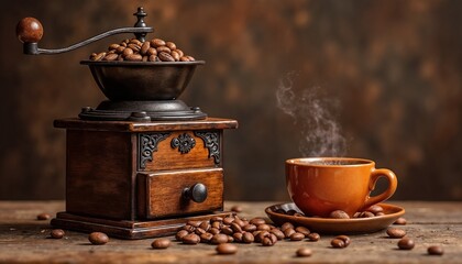 Vintage Coffee Grinder with Fresh Coffee in Rustic Dark Wood Setting