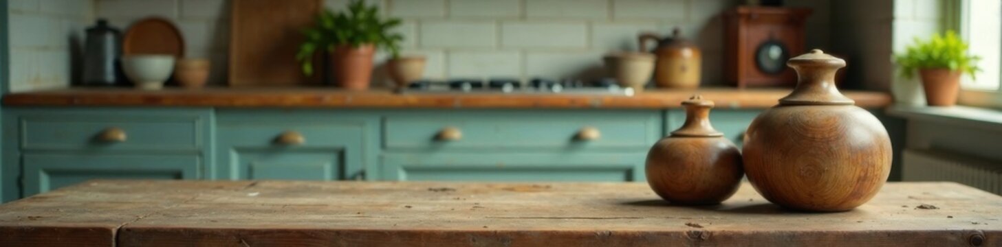Close-up of old wooden table with decorative items, set against a blurred kitchen room with worn-down cabinets and appliances , antique, home