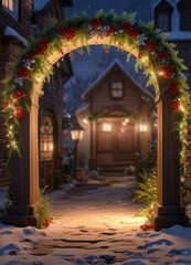 Colorful winter berries hanging from a wooden archway decorated with twinkling lights and festive greenery, ,  string lights,  snowflakes