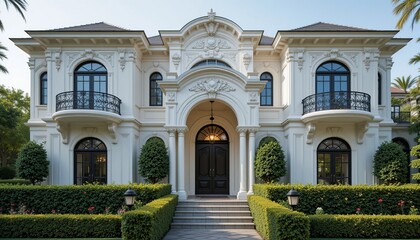Obraz premium Elegant mansion with symmetrical design, ornate detailing, arched windows, and lush landscaping exudes sophistication and timeless charm.