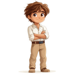 A cartoon boy with brown hair and a white shirt isolated on white background.PNG