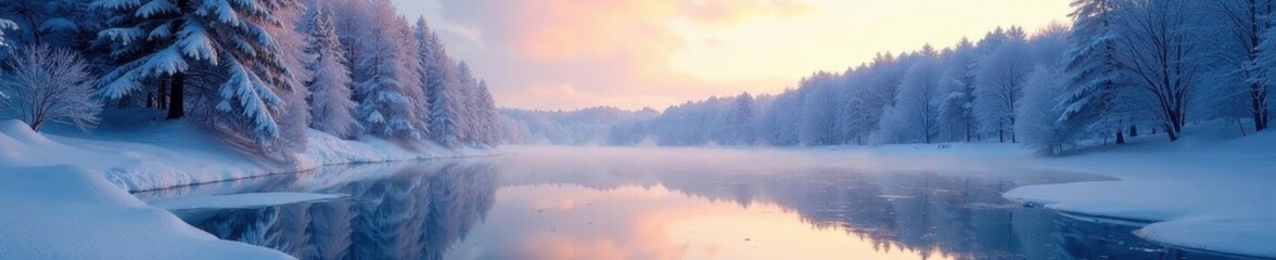 Fototapeta premium Frozen lake, snow-covered trees, magical winter light, lake, fairytale