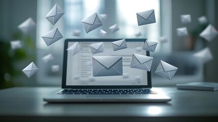 Digital Communication and Email Overload Concept, A laptop with an email icon on the screen, surrounded by floating envelope icons