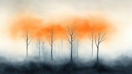 Obraz premium Ethereal misty forest, captivating landscape painting of trees in fog misty