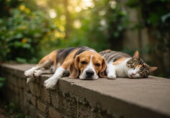 A beagle dog and a cat sleeping on a concrete ledge, both relaxed with eyes closed, soft natural lighting, blurry garden background, cozy atmosphere


