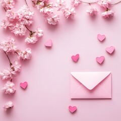 "Romantic Valentine's Day Background Featuring Soft Pink Flowers, Heart-Shaped Envelope, and Gentle Pastel Tones, Ideal for Sending Love and Warm Wishes on This Special Day"

