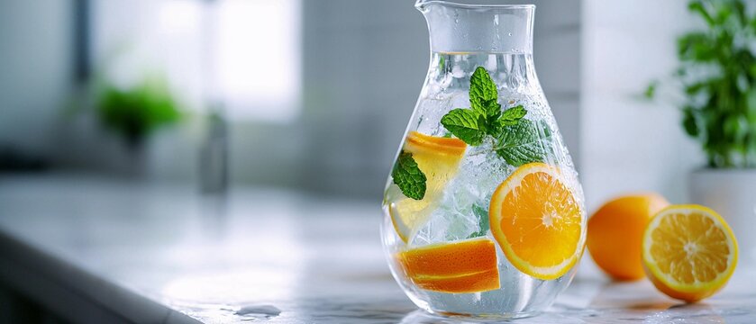 Refreshing citrus infused water in a glass pitcher on a counter - Powered by Adobe