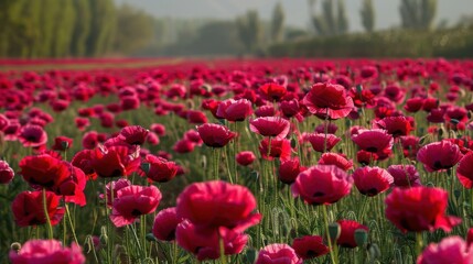 Vibrant Field of Colorful Poppies in Full Bloom Surrounded by Lush Greenery Under a Clear Blue Sky