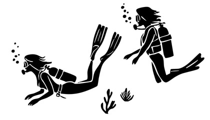 Hand drawn scuba diver silhouette. Flat illustration of snorkeling woman. Person in diving suit and aqualung.