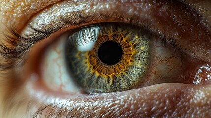 A close view of a human eye augmented with a digital overlay showcasing enhanced vision features such as augmented reality notifications and health indicators.