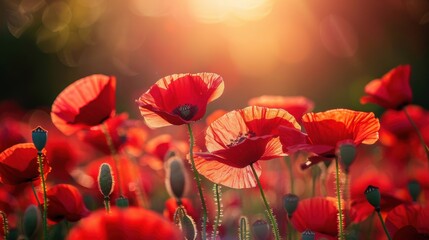 Fototapeta premium Vibrant Red Poppies Blossoming Under Soft Sunlight in a Lush Green Field