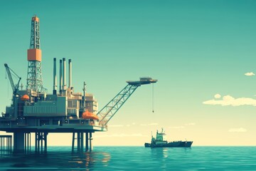 Obraz premium Offshore oil platform under blue sky with calm water, showcasing the modern energy industry and marine activities in a vibrant, stylized illustration.