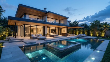 Fototapeta premium Modern architectural home featuring a luxurious pool with outdoor lounge areas at dusk under a cloudy sky and ambient lighting.