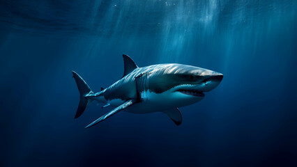 Fototapeta premium A great white shark gliding through the deep blue sea, mysterious and powerful