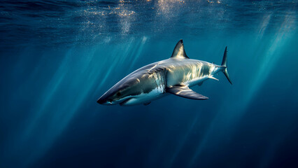 Fototapeta premium A great white shark gliding through the deep blue sea, mysterious and powerful