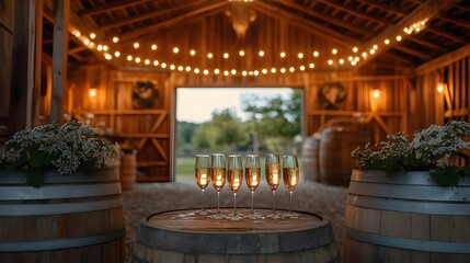 Luxury wood interior featuring wine barrels in a cellar room Barn with champagne 