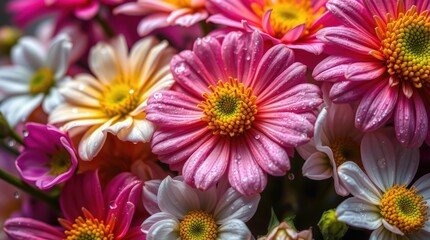 Obraz premium Close-up of Pink and White Daisies with Water Droplets