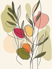 Botanical arts. Hand drawn continuous line drawing of abstract flower, floral, rose, tropical leaves, spring and autumn leaf, bouquet of olives. Vector illustration.