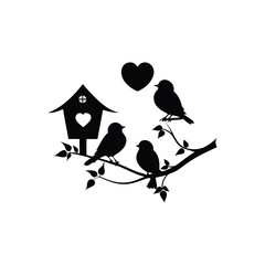 two birds on a branch with love icon.Valentines Day icon set vector illustration.
