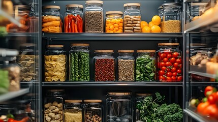 Obraz premium Meticulously Organized Luxury Walk In Pantry with Neatly Arranged Jars and Produce