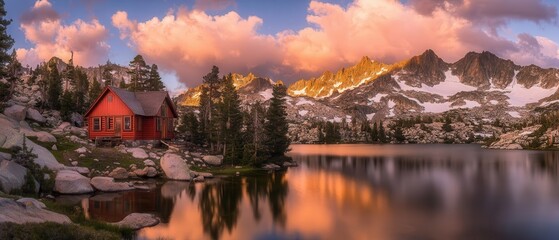 Fototapeta premium Mountain lake landscape with cabin reflections, dramatic sunset clouds, serene nature scene, outdoor adventure, travel destination, peaceful retreat.