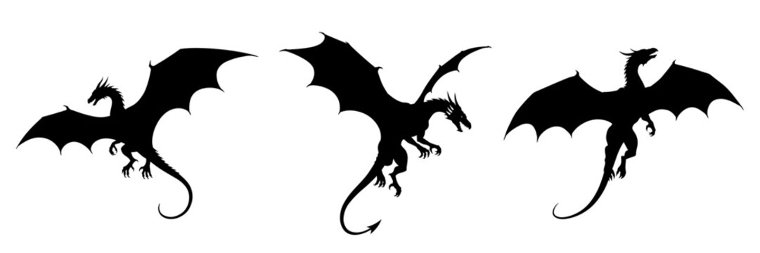 Dynamic set of three majestic dragon silhouettes with spread wings. Perfect for fantasy-themed designs, gaming assets, and decorative artwork. High-contrast black shapes with detailed wing patterns.