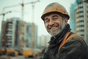 Man in hard hat smiling at construction site. Building industry concept