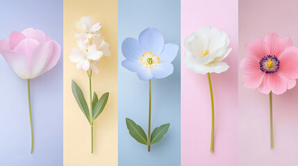 Obraz premium Pastel Floral Design Five Delicate Blooms on Colorful Background