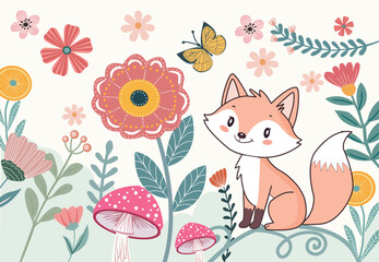 Cute hand drawn background with fox and flower garden.