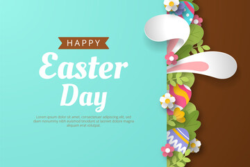 Happy Easter background with paper cut bunny, flowers and eggs. Vector illustration.