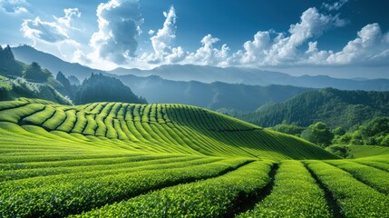 Obraz premium Lush Green Tea Fields Under Bright Blue Sky with Fluffy White Clouds and Majestic Mountains in the Background