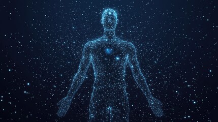 Human body low poly wireframe. Vector polygonal image in the form of a starry sky or space, consisting of points, lines, and shapes in the form of stars with destruct shapes