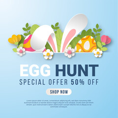 Easter Sale background with paper cut bunny, flowers and eggs. Vector illustration.