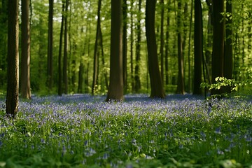 Enchanting spring forest scene with a vibrant carpet of bluebell flowers under towering ancient trees, bathed in soft, ethereal natural light, creating a serene and picturesque woodland