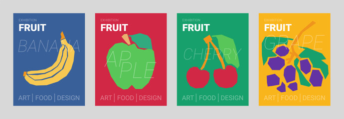 Fruit exhibition vector poster. Colored art design collection. Banana, apple, cherry and grapes in trendy style