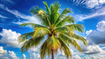 A lush coconut tree with large, feathery leaves and a prominent trunk, set against a bright blue sky with fluffy white clouds